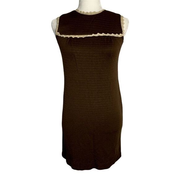 Vintage 60s Sleeveless Mini Sheath Dress XS Brown Stretch Knit Crochet Lace - Picture 1 of 5